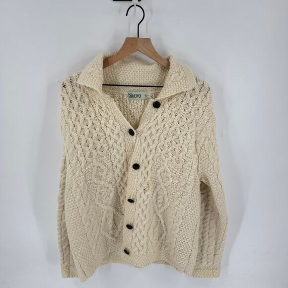 Blarney Woolen Mills Sweaters - Vintage Blarney Woolen Mills Cream Cable Knit Cardigan 100% Merino Wool Size XL